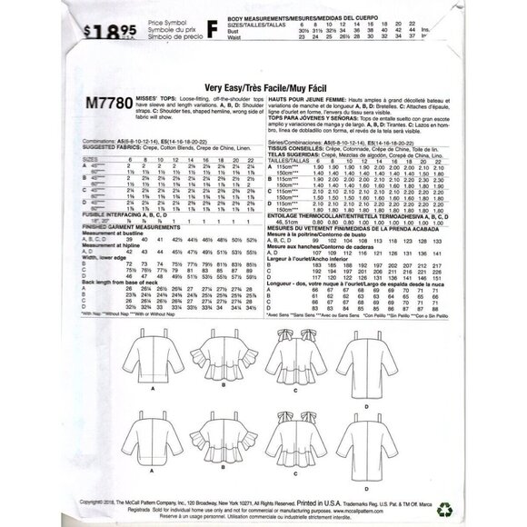 McCall's M7780 Misses 14 to 22 Cold Shoulder Top Uncut Sewing Pattern - Picture 2 of 2